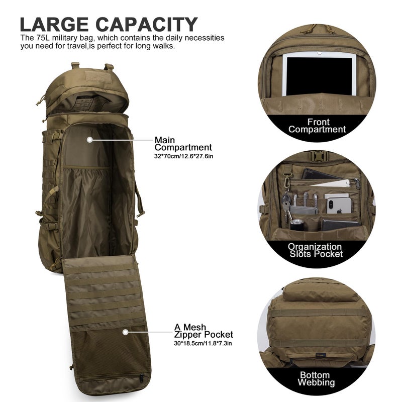 Mardingtop 75L Molle Hiking Internal Frame Backpacks with Rain Cover for Camping,Backpacking,Travelling(Khaki) - Image 4